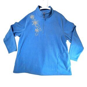 Quacker Factory XL Blue Fleece Pullover Rhinestone Snowflake Design Quarter Zip